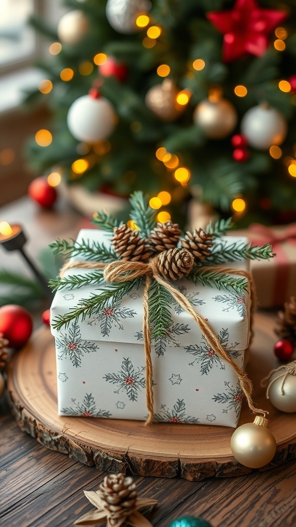 DIY Christmas Gift Decorations A decorated Christmas gift with pinecones and twine on a wooden table with holiday ornaments.